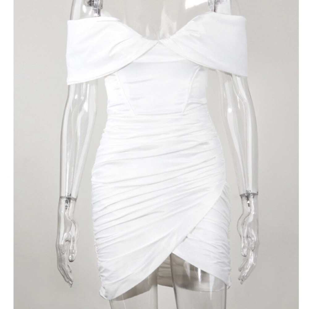 Ivory Off the Shoulder Ruched Mini Dress - Picture 2 of 4